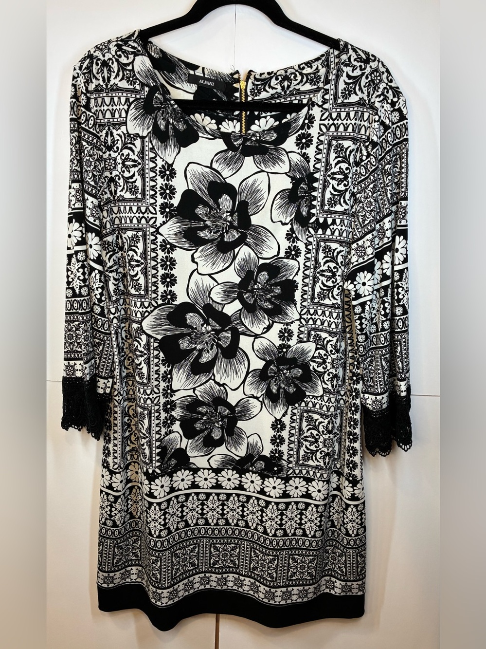 Alfani Black White Floral Print Shift Dress Lace Sleeve Trim Knee Length Large